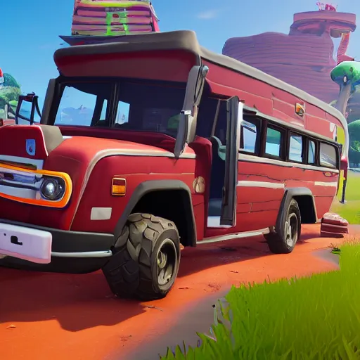 Image similar to Fortnite Battle Bus, Chikfila Style