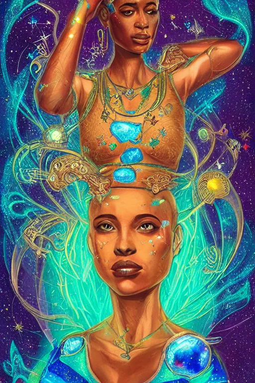 Image similar to portrait of jewel djinn queen godess of dreams with constellations in the background in the style of Rob Lefield and Dan Mumford , trending on artstation, digital art,surrealism ,macro,blueprint ,vaporwave ,