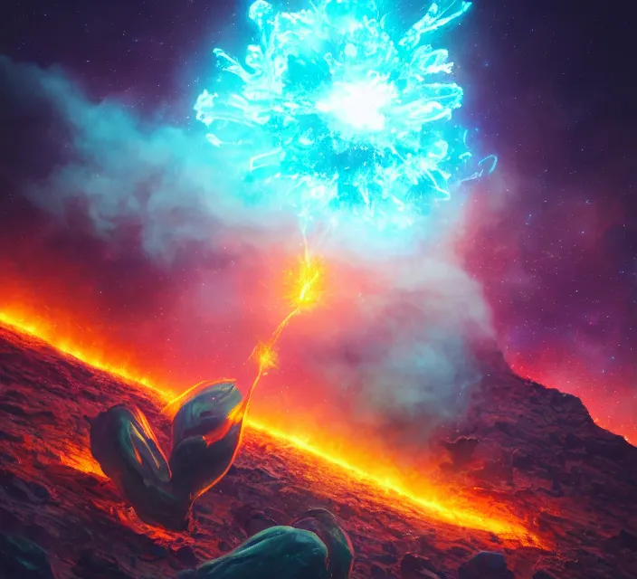 Prompt: lighting the great cosmic fart on fire. matte painting comic book art, cinematic, highly detailed, realistic, beautiful cosmic neural network, octane render, unreal engine, depth of field, trending on artstation, sharp focus, philosophical splashes of colors