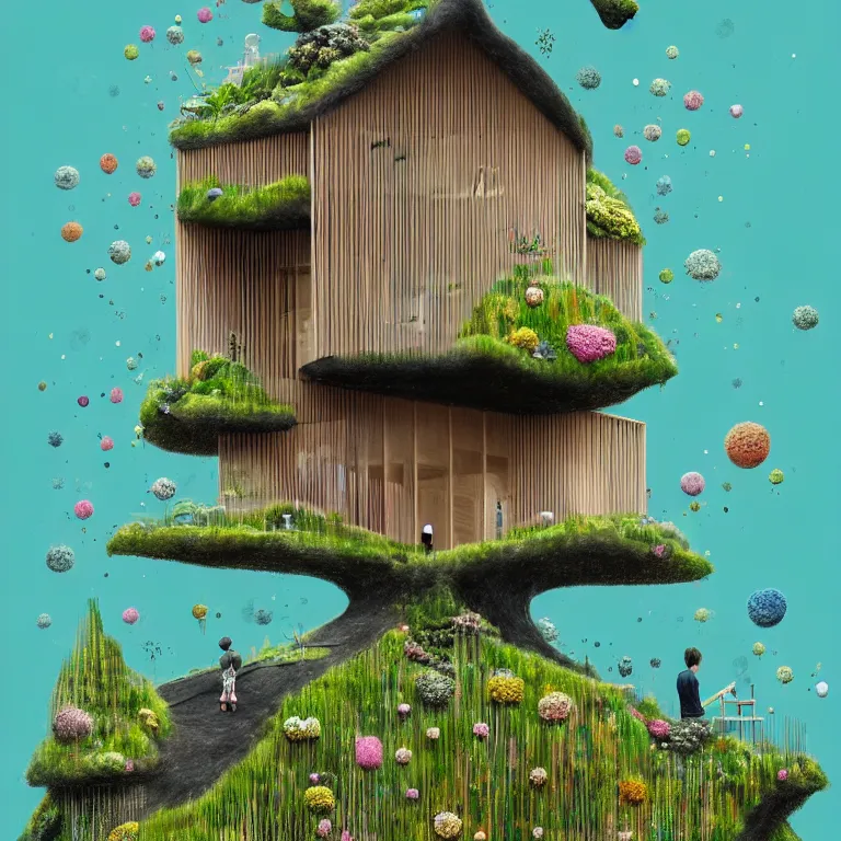 Prompt: tiny house by kengo kuma on island, sea cloud, surreal art by gediminas pranckevicius, geof darrow, jason naylor, dark shadows, hard lighting, floralpunk flower and green plants garden, inking, etching, screen print, masterpiece, trending on artstation, sharp, colorful high contrast hd, 8 k hyper detailed