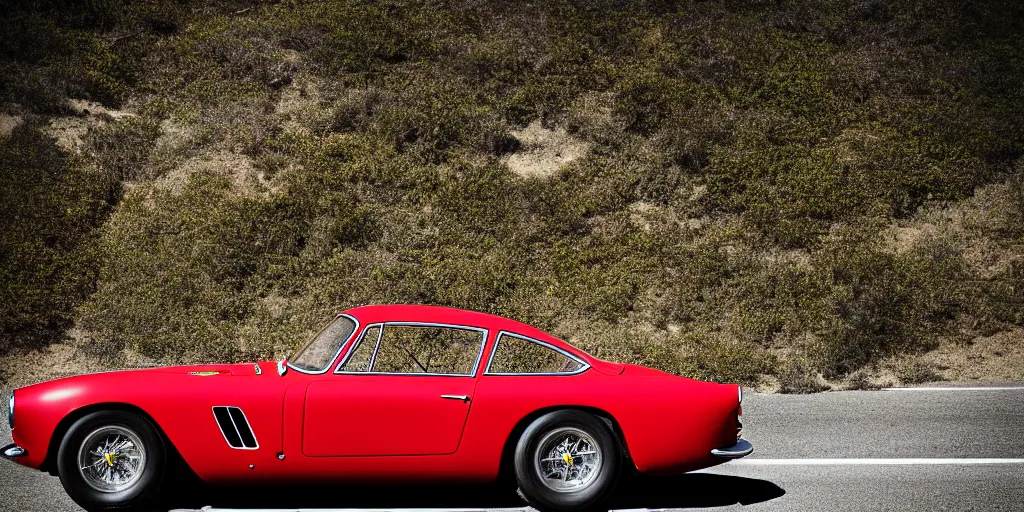 Image similar to photograph, 1958 FERRARI 250 GT, cinematic, PCH, NO badge, california coast, 8k, depth of field, bokeh.