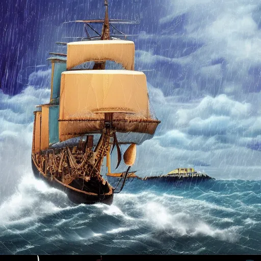 Image similar to grand maori ship fantasy high seas rain wind moody