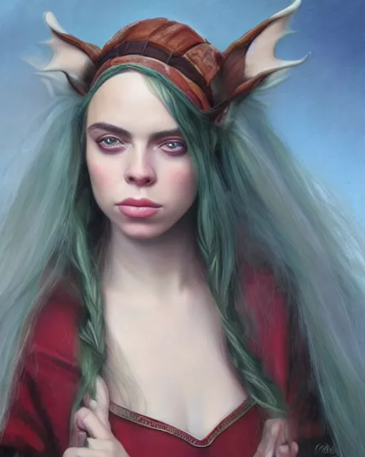 Image similar to billie eilish as a beautiful elf princess, oil painting, by laura sava