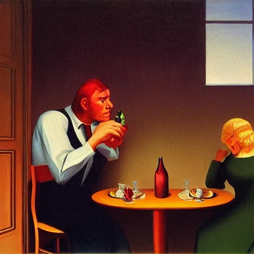 Prompt: a demon takes you out for a nice dinner by Raphael, Hopper, and Rene Magritte. detailed, romantic, enchanting, trending on artstation.