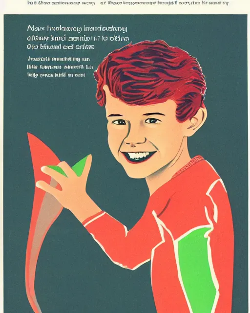 Prompt: a vibrant and eerie science textbook illustration from the 1 9 7 0 s depicting a beautiful but creepy young man with red hair and a smile like a shark