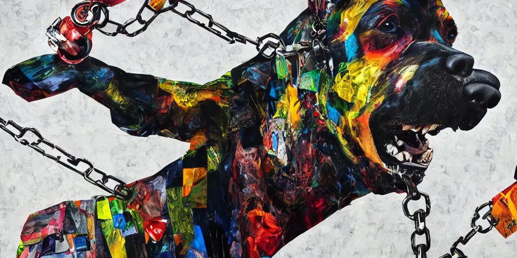 Image similar to mad dog on a chain, collage paper and tape, acrylic on canvas, hyperrealism mixed with expressionism, high resolution, cinematic, unreal 6 breathtaking detailed, by blake neubert and matt sesow