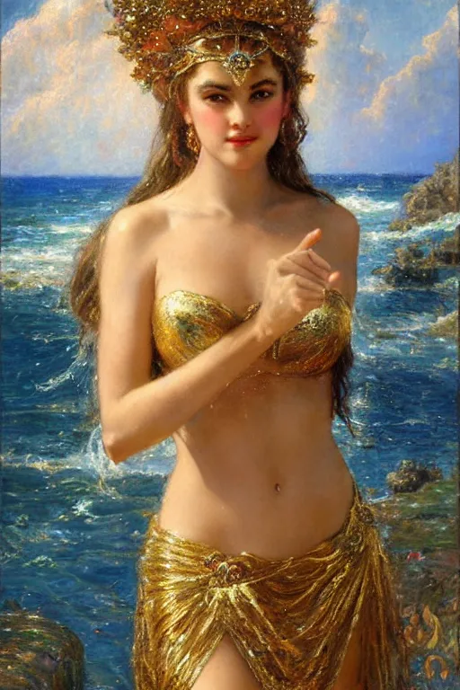 Prompt: hailey steinfeld as the goddess aphrodite. art by gaston bussiere.