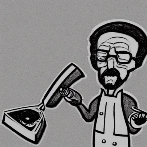 Image similar to black and white pencil sketch cartoon drawing of walter white cooking a pizza with a blowtorch