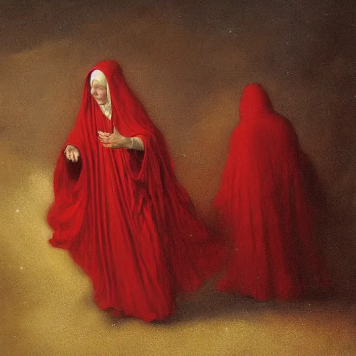 Prompt: a woman in a red hooded cloak in a nebula, by Odd Nerdrum