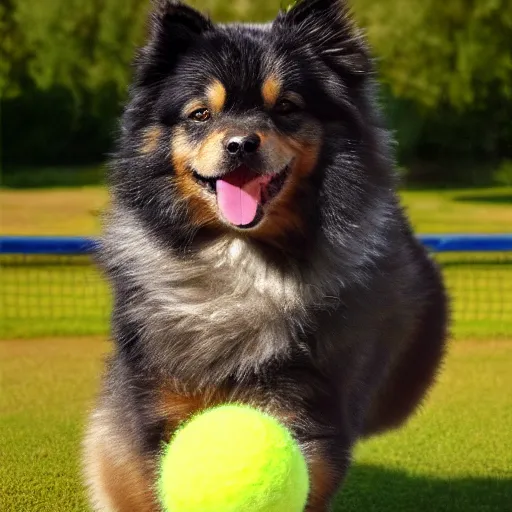 Prompt: excited finnish lapphund with a tennis ball, digital art,