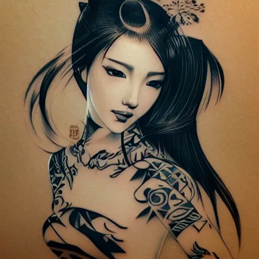 Image similar to tattoo design, stencil, traditional Japanese, beautiful portrait of a girl by artgerm, artgerm, digital art