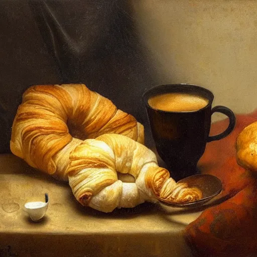 Prompt: painting of a rembrandt still life with coffee croissant and laptop displaying a twitter feed