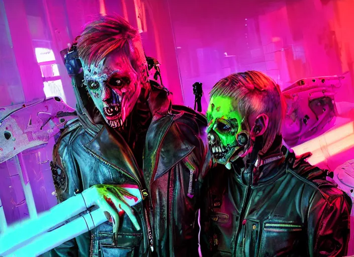 Image similar to neo-futuristic cinematic cyberpunk undead gay zombie men at a neon rave, cyberhorror-punk, stunning, horror art, dark tones, film still, cgsociety, scary, creepy, wow, artstation, 8k, high gloss, Horror, ultra detailed, character art, concept art, DnD art, cinematic detailed, nightmare machine, godmachine, trending on artstation, unreal engine 5 rendering, cinematic, greig fraser cinematography, epic composition