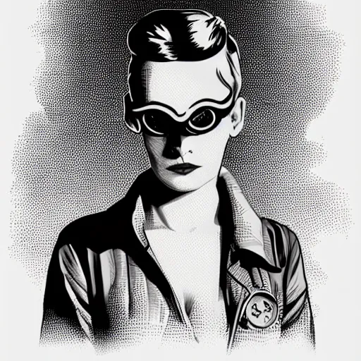 Image similar to tattooed stoic heroic emotionless dirty butch blonde woman engineer with very short slicked - back hair, uncomfortable awkward and anxious, at fancy costume party, wearing dark - lensed victorian goggles, wearing flight suit, moebius, rough paper, smooth median photoshop filter cutout vector, behance hd