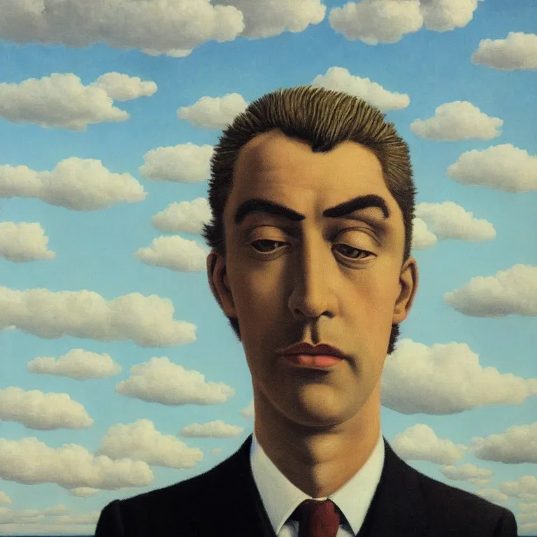 Image similar to portrait of a faceless shadow - head man with messy hair in a suit, clouds in the background, by rene magritte, detailed painting, distance, middle centered, hd, hq, high resolution, high detail, 4 k, 8 k