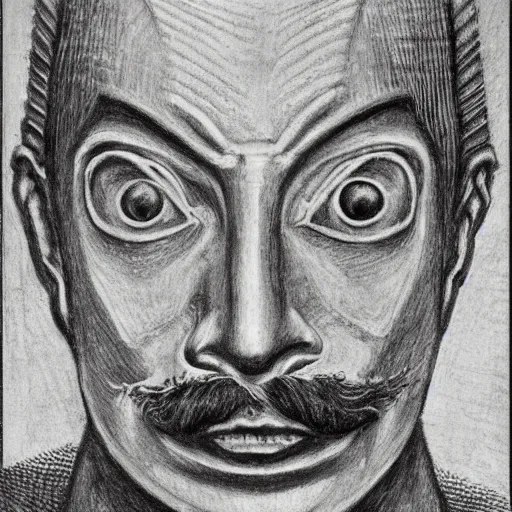 Image similar to Close-up of Don Quixote, pencil drawing. El Greco, Remedios Varo, Salvador Dali, Carl Gustav Carus, John Atkinson Grimshaw. Blue tint. Symetrical, logo, geometric shapes.