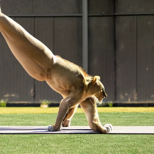 Prompt: an athletic anthropomorphic lioness doing a handstand