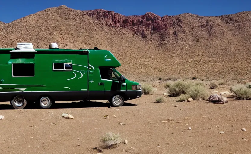 Image similar to a winnebago with green smoke from the top, in the desert, wide angle, cinematic