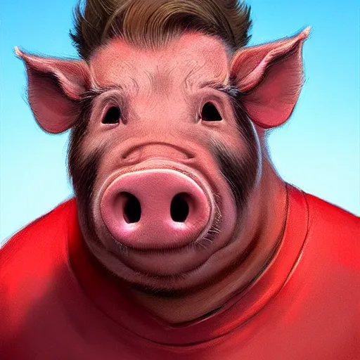 Image similar to portrait of a half man half pig with red shirt ,digital art,photorealistoc,art by greg rutkowski,hyperdetailed,western comic style,comic,comic style,sharp lineart,professional lighting,deviantart,artstation,trevor henderson,rossdtaws,cinematic,dramatic