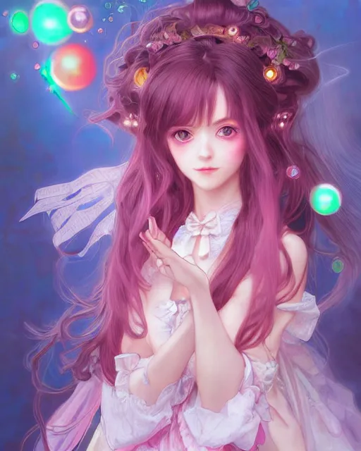 Prompt: portrait of magical lolita girl, dreamy and ethereal, expressive pose, big pink eyes, exciting expression, fantasy, intricate, elegant, many rainbow bubbles, rose tones, highly detailed, anime, artstation, concept art, cyberpunk wearing, smooth, sharp focus, illustration, art by artgerm and greg rutkowskiand alphonse mucha