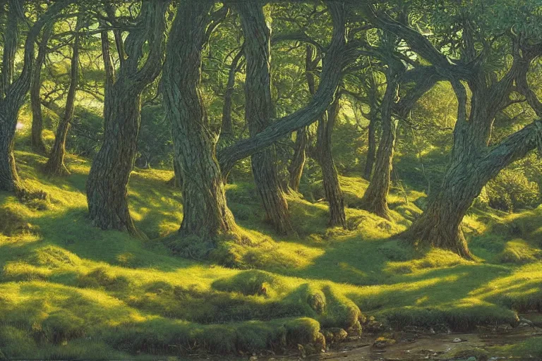 Prompt: masterpiece painting of oak trees on a hillside overlooking a creek, dramatic lighting, by donato giancola