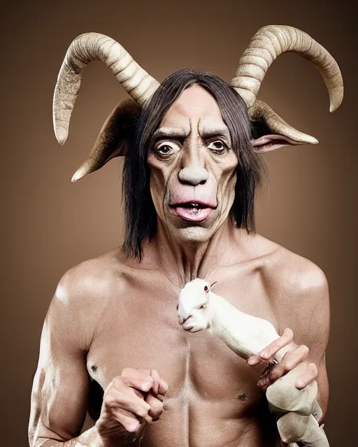 Image similar to singer Iggy Pop in Elaborate Pan Satyr Goat Man Makeup and prosthetics on stage with large goat ears designed by Rick Baker, Hyperreal, Head Shots Photographed in the Style of Annie Leibovitz, Studio Lighting