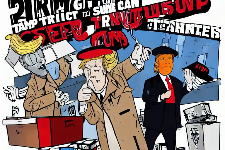 Image similar to 2 d poster illlustration donald trump and donald trump wearing trenchcoats and black spy hats, stacks of boxes everywhere and a safe broken open for the movie spy vs spy