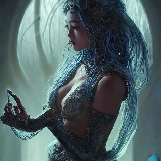 Image similar to ultra realistic illustration of asian beauty cj miles as a cyber shamanic witch casting am elderit h spell, intricate, elegant, highly detailed, digital painting, artstation, concept art, smooth, sharp focus, illustration, art by artgerm and greg rutkowski and alphonse mucha