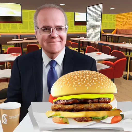 Image similar to 3 d render of scott morrison at a mcdonald's restaurant