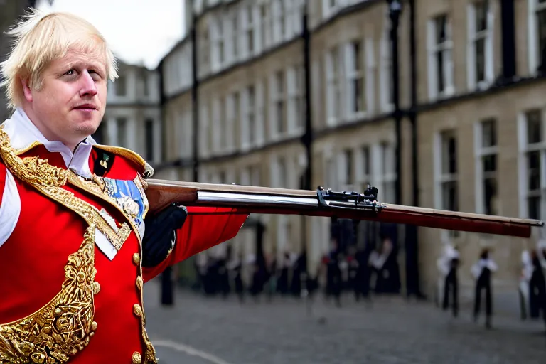 Image similar to closeup portrait of boris johnson dressed as a queen's guard firing a musket in a london street, natural light, sharp, detailed face, magazine, press, photo, steve mccurry, david lazar, canon, nikon, focus