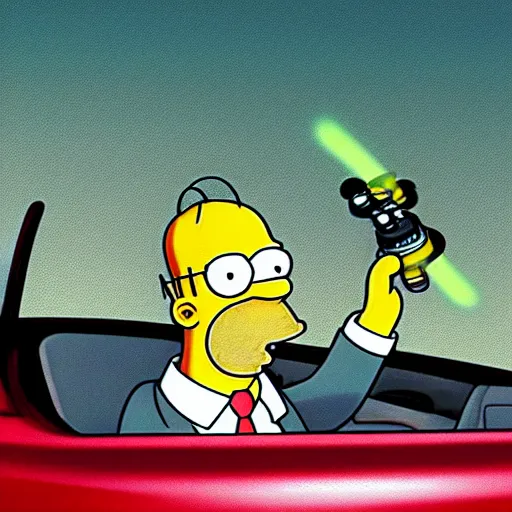 Image similar to homer simpson driving a car. he is holding a green lightsaber