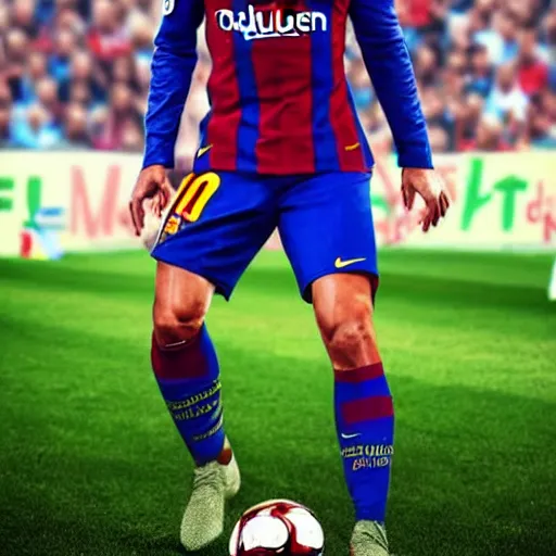 Image similar to cristiano ronaldo sporting a barcelona jersey, 8 k, 4 k uhd, realistic, hyper realistic, super detailed, very detailed, detailed