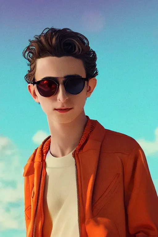 Prompt: Timothee Chalamet drinking 🍸, portait photo, profile picture, hyperrealistic, concept art, orange sunglasses, tropical background, sunny, octane render, unreal engine 5, digital art, high quality, highly detailed, 8K, cute, defined face, elegant clothes, trending on DeviantArt