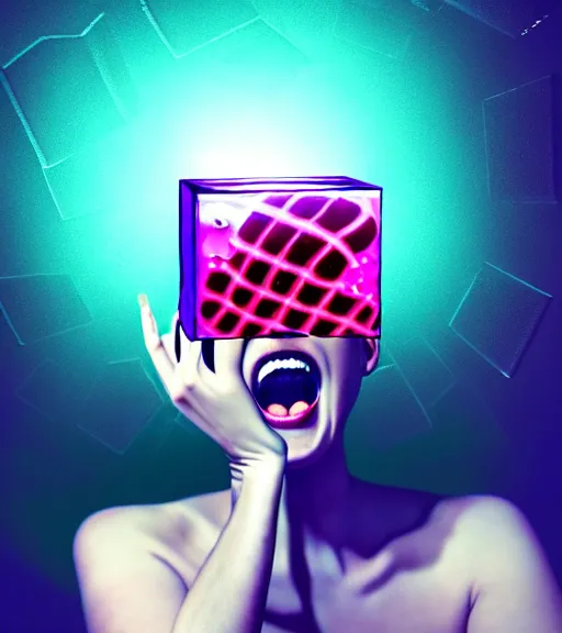 Image similar to biomorphic woman screaming with joy inside a gelatinous cube of aspic of electronics, extremely detailed masterpiece, atmospheric, shadowy, cinematic, digital art, 4 k