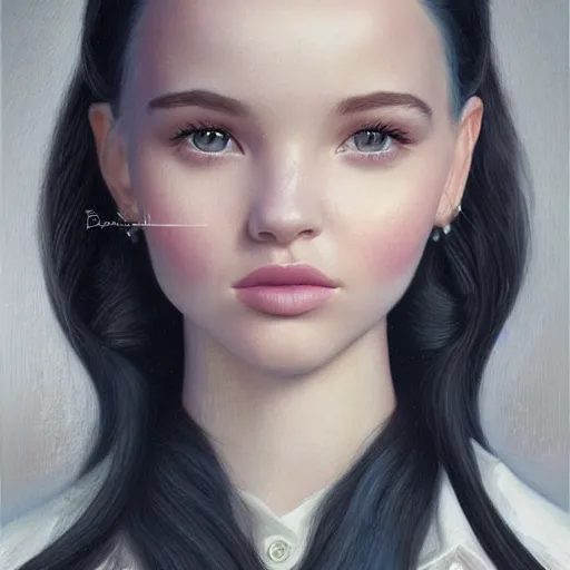 Prompt: tom bagshaw portrait, very beautiful mix of dove cameron and madison beer and bella poarch in a sailor suit flirting smile, randomly lustrous dyed hair, professionally retouched, focus eyes, ultra realistic soft painting, insanely detailed linework, symmetrical accurate intricate features, behance artstation, 8 k, - signature