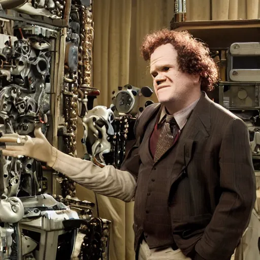 Image similar to animatronic John C. Reilly, exposed mechanics, photo, Stan Winston studios, detailed, 4k