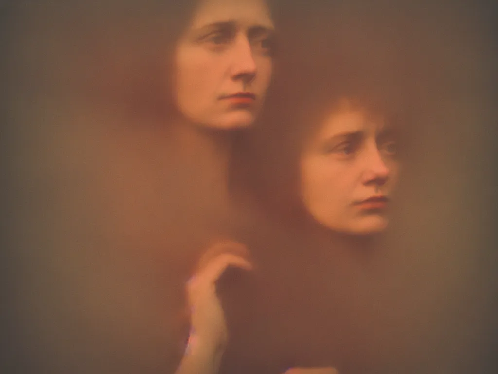Image similar to close up portrait bust of woman, solemn expression, faded color film, russian cinema, tarkovsky, kodachrome, heavy forest, wood cabin in distance, long brown hair, old clothing, heavy fog, atmospheric haze, brown color palette, sunset, low light, hudson river school, 4 k, dramatic lighting