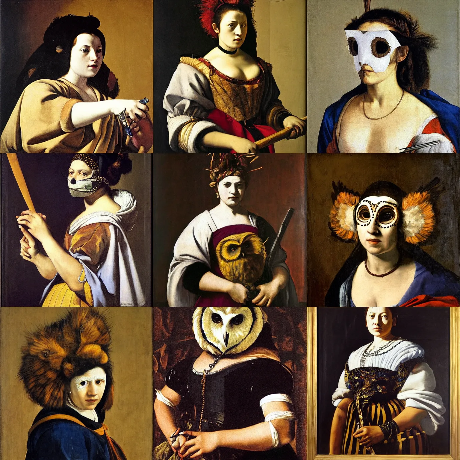 Prompt: by artemisia gentileschi. an hd portrait painting of a woman in an owl mask. she is wearing a jacket, and is brandishing a weapon menacingly.