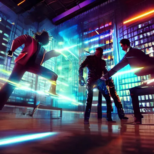 Image similar to a fight between a boho cyberpunk hippie and a high - tech suit businessman, epic art, cinematic mid shot fight