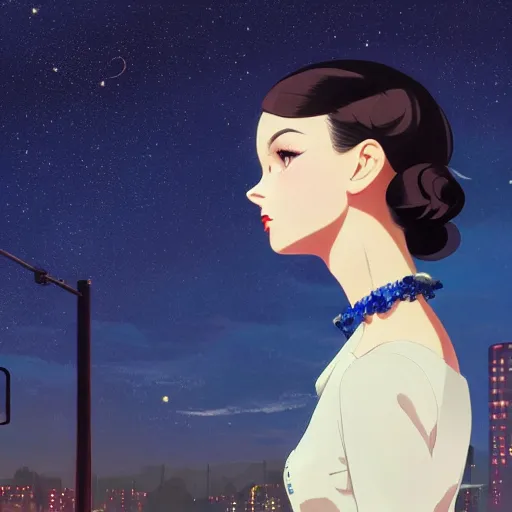 Prompt: portrait of a beautiful girl with dark hair dressed in 1940's style, looking up towards starry sky with tears running down cheek, nighttime city background, low-key neon lighting, 4k, HQ, official media, anime key visual, makoto shinkai, ilya kuvshinov, lois van baarle, rossdraws, detailed, trending on artstation