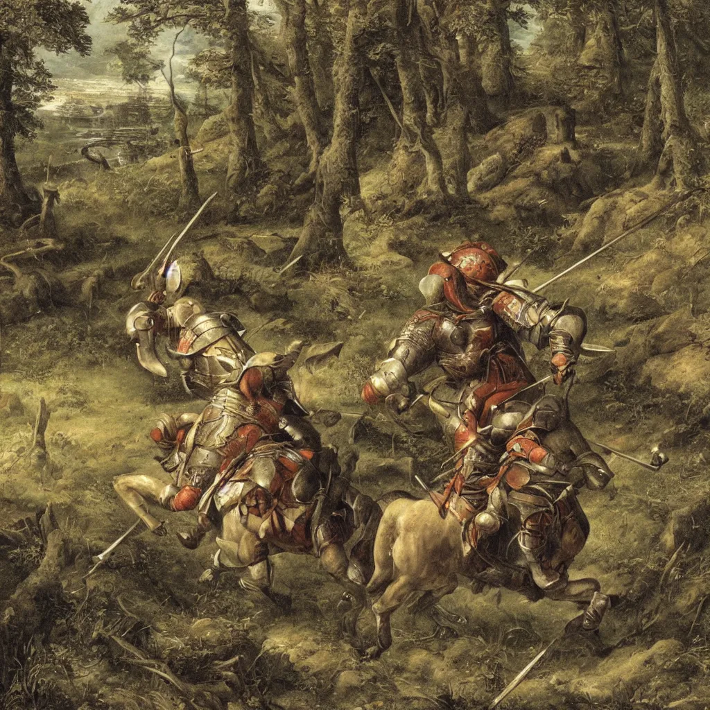 Prompt: strong brave knight in woods hunting boar, highly detailed,