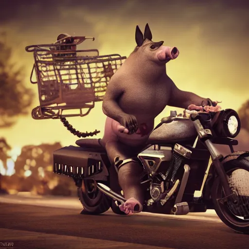 Prompt: A biker pig with a beard next to other biker animals, Octane render, unreal engine 5, cinema4D, cinematic