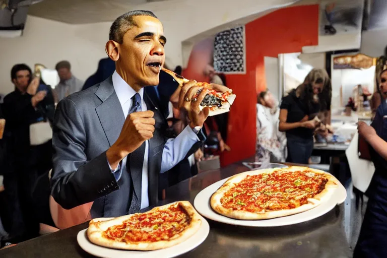 Prompt: a photo of obama eating pizza