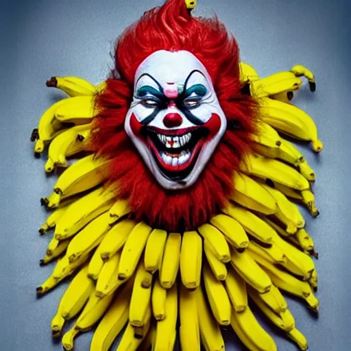 Image similar to A clown monster made of bananas jumping at the screen, loony toons style, pennywise style, horror theme, detailed, elegant, intricate