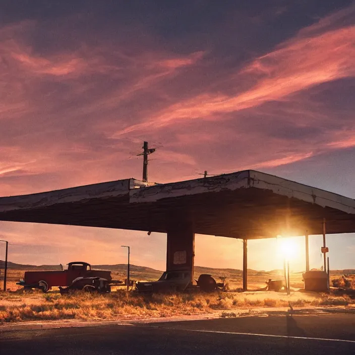 Image similar to a sunset light landscape with historical route 6 6, lots of sparkling details and sun ray ’ s, blinding backlight, smoke, volumetric lighting, colorful, octane, 3 5 mm, abandoned gas station, old rusty pickup - truck, beautiful epic colored reflections, very colorful heavenly, softlight