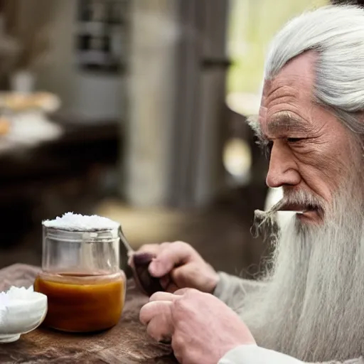 Image similar to gandalf sniffing and snorting white substance from table