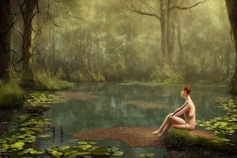 Prompt: a woman staring her reflection on a pond in a secret forest, in the style of fantasy art, very detailed, trending on artstation and deviantart