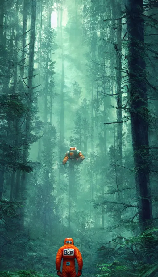 Image similar to american astronaut in teal and orange suite, the forest plants environment wide angle cinematic lighting atmospheric realistic octane render highly detailed, octane render, in the style of craig mullins