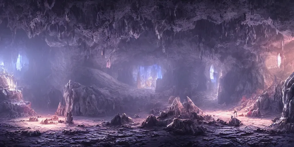 Prompt: fantasy matte painting of a cave with glowing crystals on the walls and piles of bones on the floor, fantasy, sharp focus, artstation