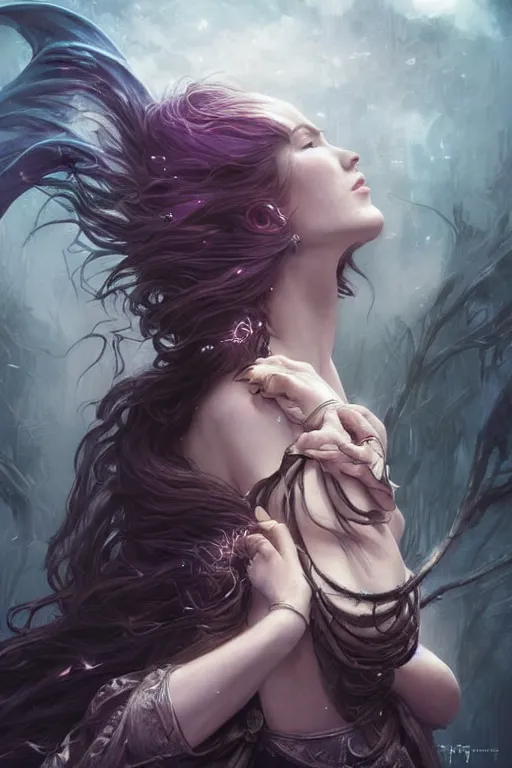 Image similar to seductive looking sorceress prays!!! magic the gathering, windy hair!, surreal dark fantasy, cinematic volumetric lights, portrait, dnd, intricate, elegant, highly detailed, digital painting, artstation, concept art, smooth, sharp focus, illustration, art by artgerm and tom bagshaw and greg rutkowski and alphonse mucha
